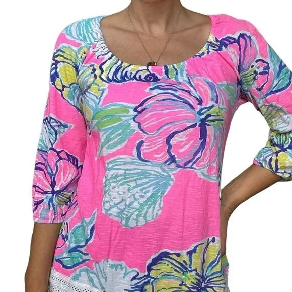 Lilly Pulitzer Multicolored Floral Fringe Blouse Top Size Small Hibiscus Print - Picture 6 of 6